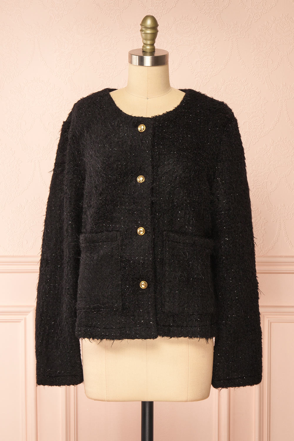 Avalee Black Fuzzy Knit Cardigan w/ Pockets | Boutique 1861 front view