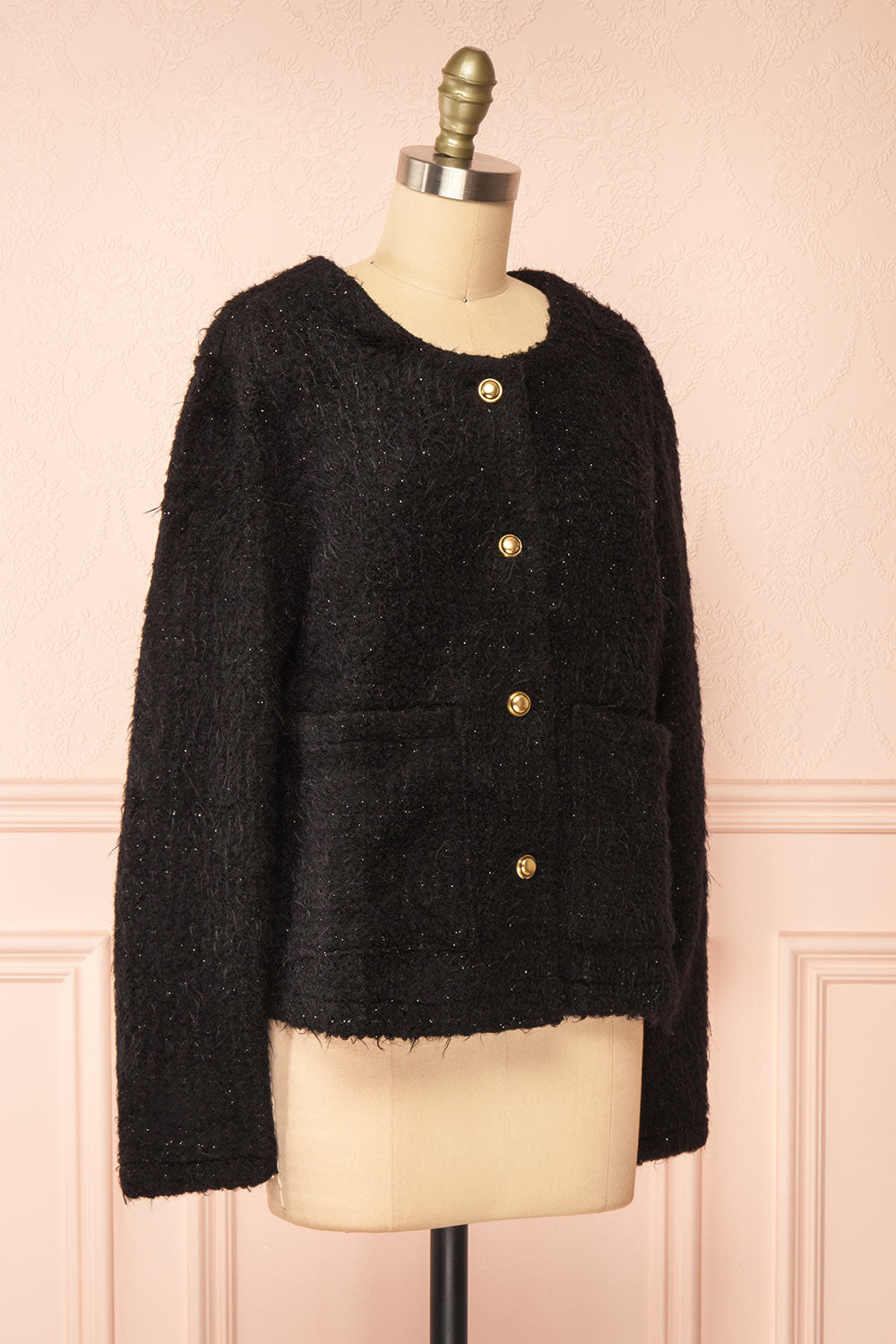 Avalee Black Fuzzy Knit Cardigan w/ Pockets | Boutique 1861 side view