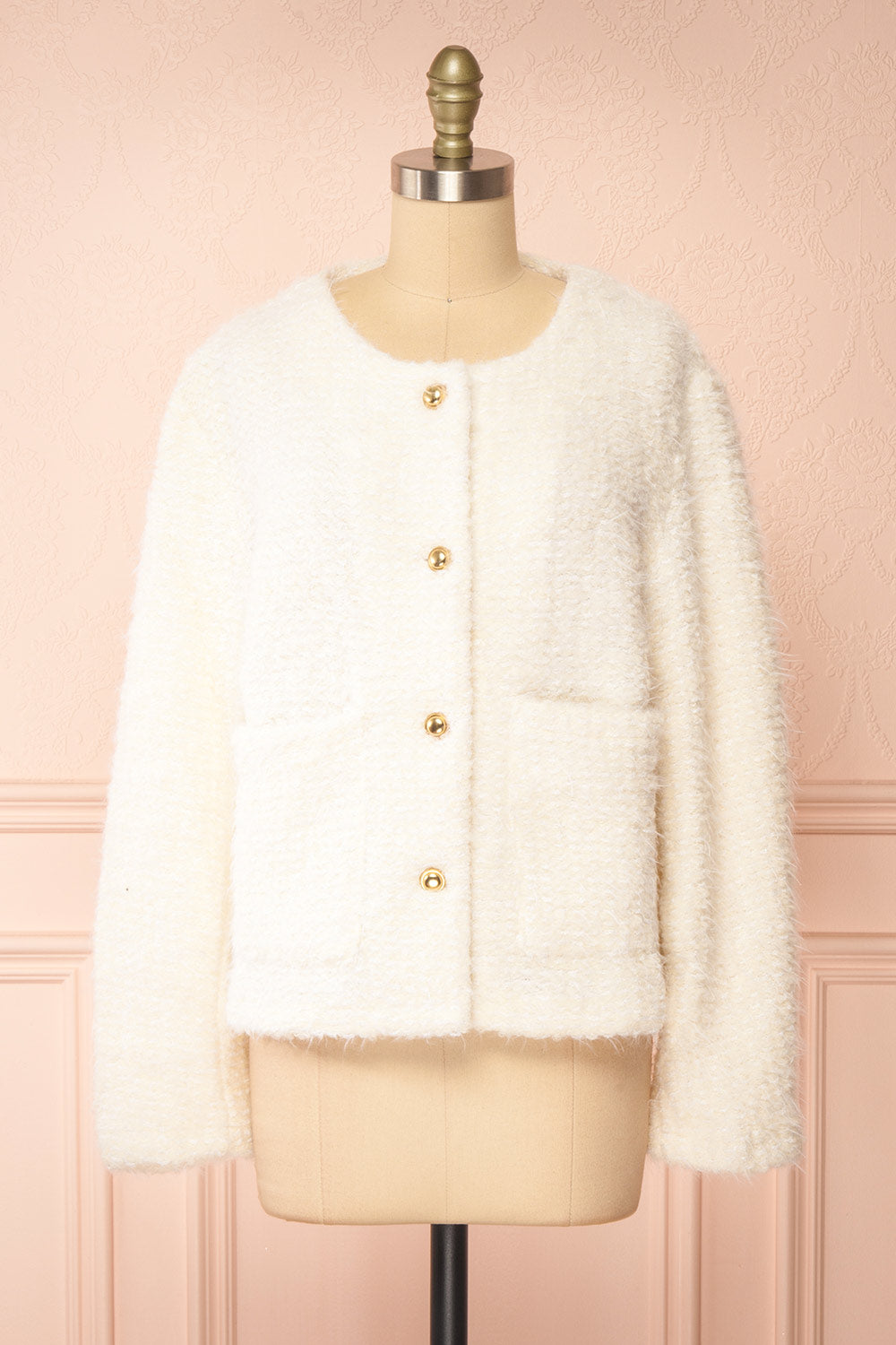 Avalee White Fuzzy Knit Cardigan w/ Pockets | Boutique 1861 front view