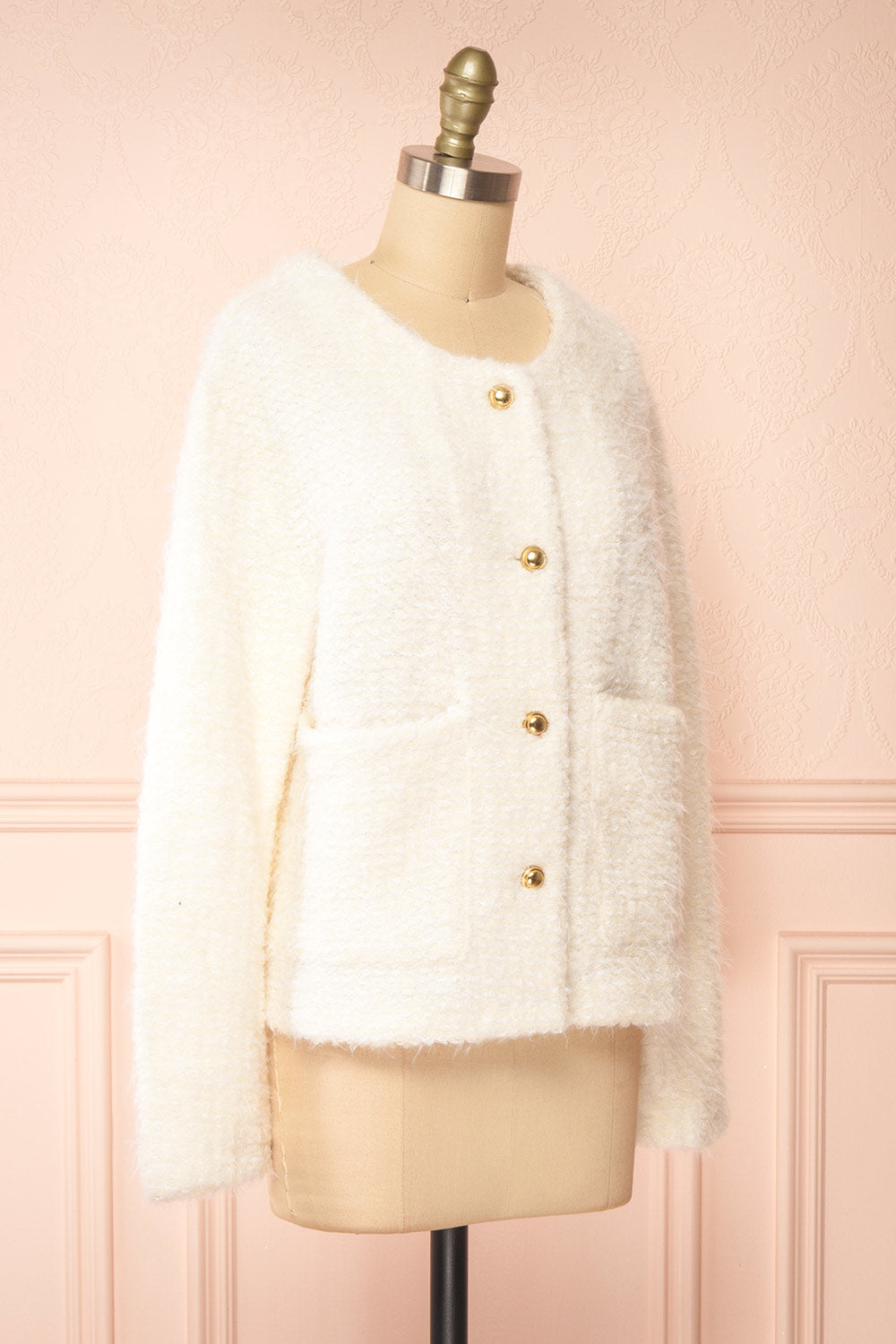 Avalee White Fuzzy Knit Cardigan w/ Pockets | Boutique 1861  side view