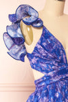 Avaline Long Blue Floral Dress w/ Ruffled Straps | Boutique 1861 side close-up