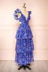 Avaline Long Blue Floral Dress w/ Ruffled Straps | Boutique 1861 side view