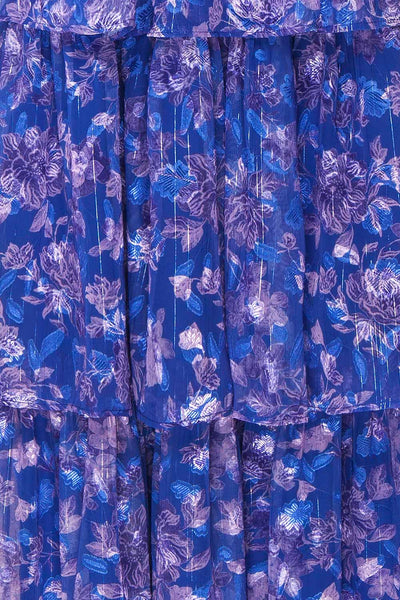 Avaline Long Blue Floral Dress w/ Ruffled Straps | Boutique 1861 texture