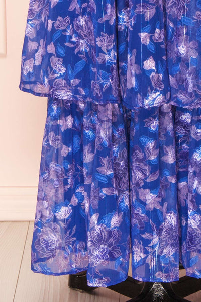 Avaline Long Blue Floral Dress w/ Ruffled Straps | Boutique 1861 bottom close-up