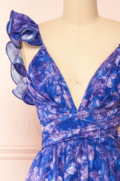 Avaline Long Blue Floral Dress w/ Ruffled Straps | Boutique 1861 front close-up