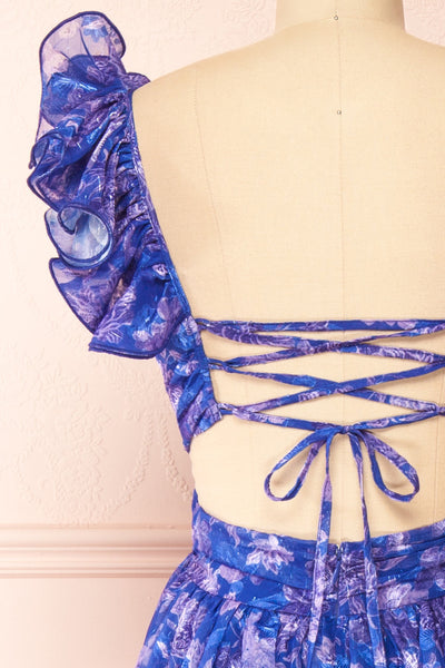Avaline Long Blue Floral Dress w/ Ruffled Straps | Boutique 1861 back close-up