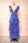 Avaline Long Blue Floral Dress w/ Ruffled Straps | Boutique 1861 front view