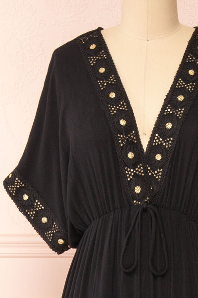 Avalon Black Short Sleeve Maxi Dress w/ Embroidery | Boutique 1861 front close-up