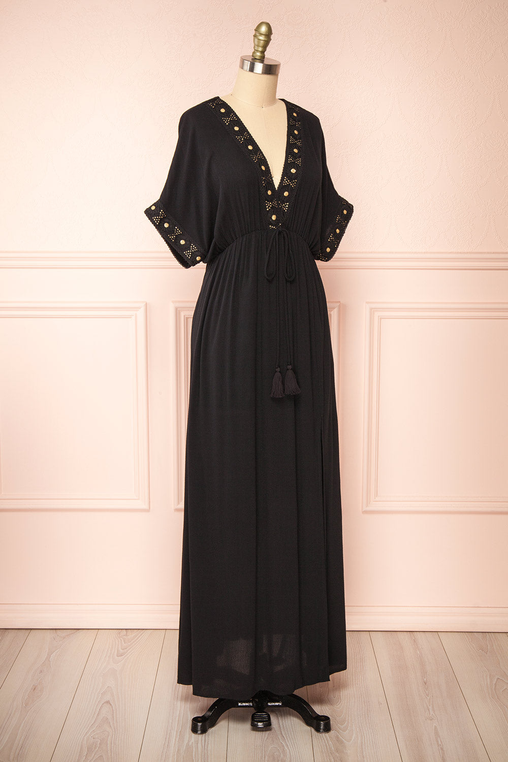 Avalon Black Short Sleeve Maxi Dress w/ Embroidery | Boutique 1861 side view 