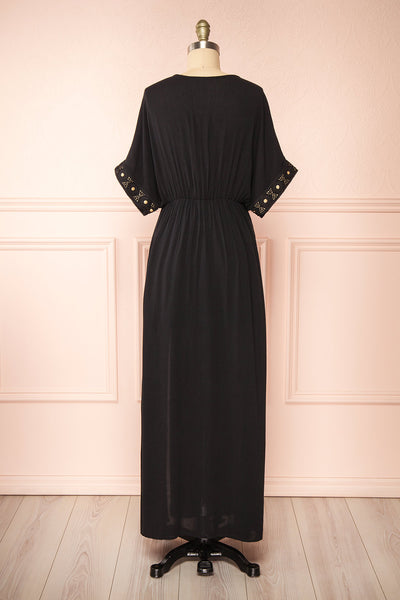 Avalon Black Short Sleeve Maxi Dress w/ Embroidery | Boutique 1861 back view