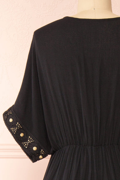 Avalon Black Short Sleeve Maxi Dress w/ Embroidery | Boutique 1861 back close-up