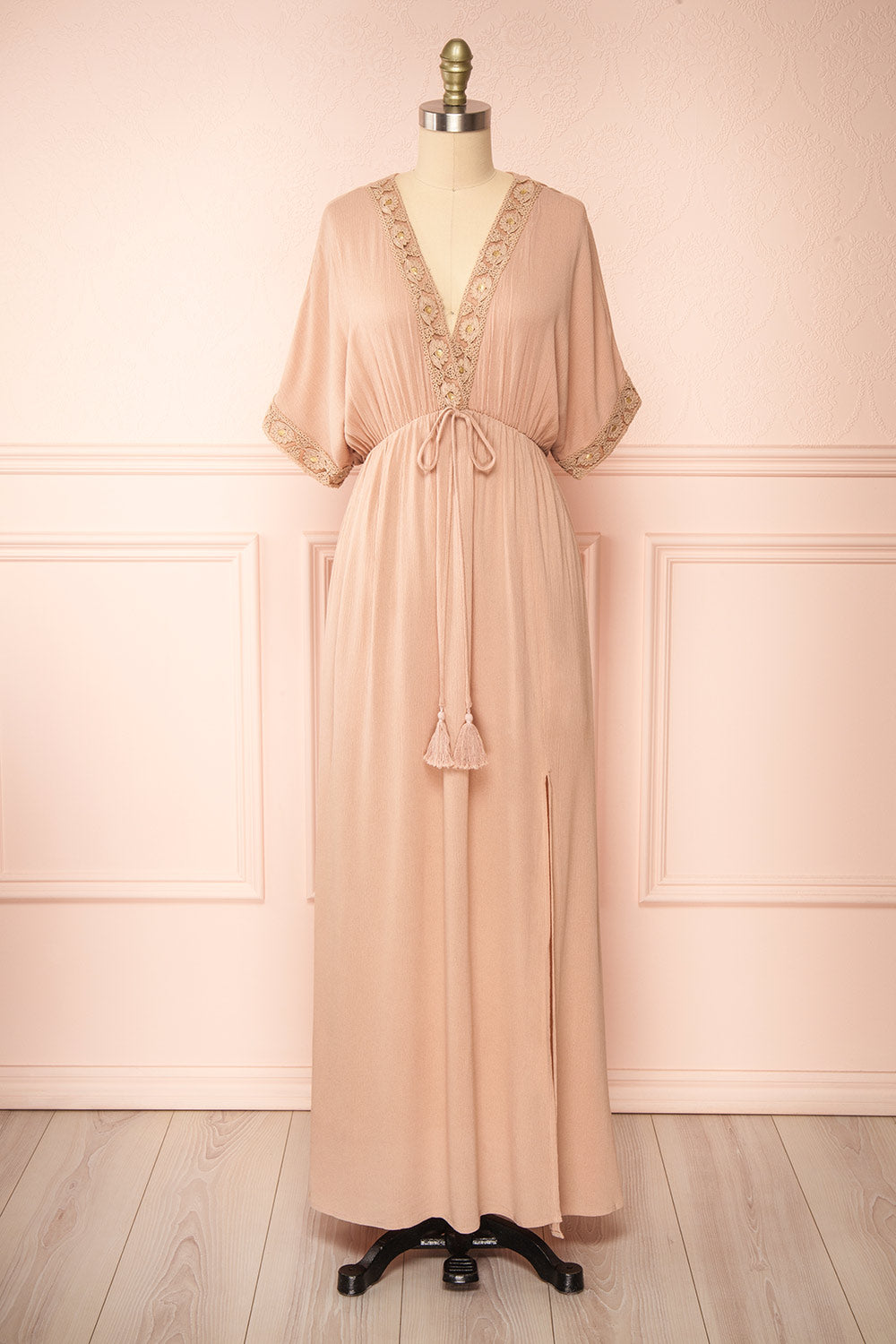 Avalon Taupe Short Sleeve Maxi Dress w/ Embroidery | Boutique 1861 front view