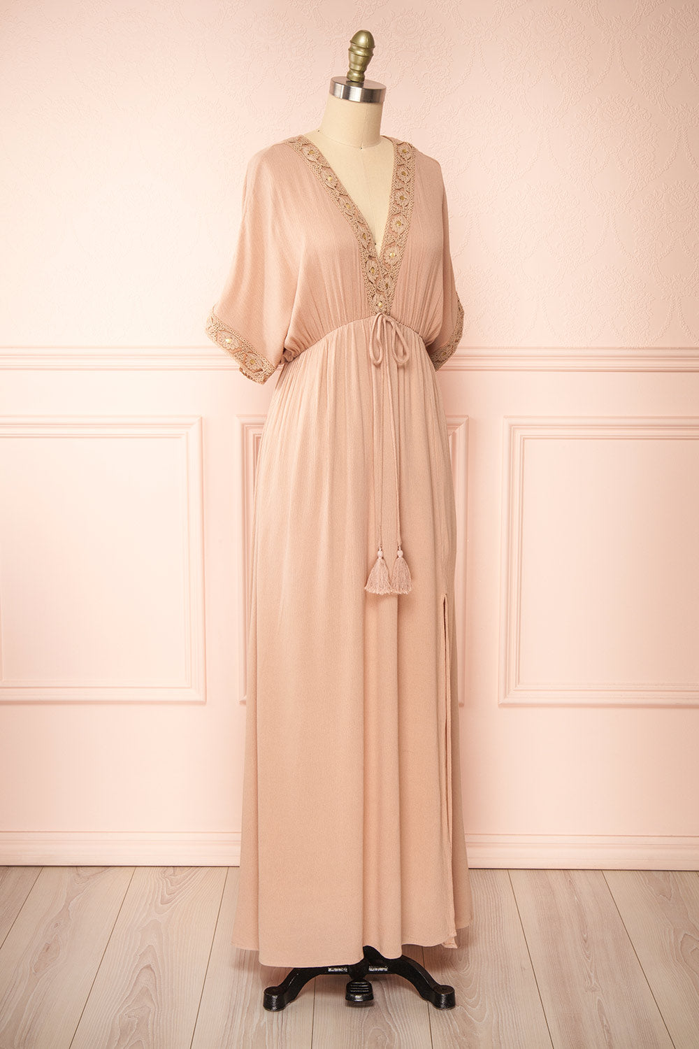 Avalon Taupe Short Sleeve Maxi Dress w/ Embroidery | Boutique 1861 side view