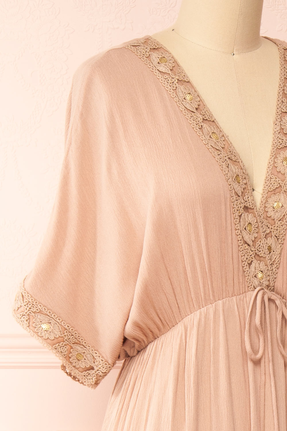 Avalon Taupe Short Sleeve Maxi Dress w/ Embroidery | Boutique 1861 side close-up