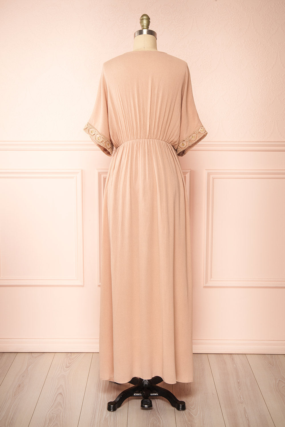 Avalon Taupe Short Sleeve Maxi Dress w/ Embroidery | Boutique 1861 back view