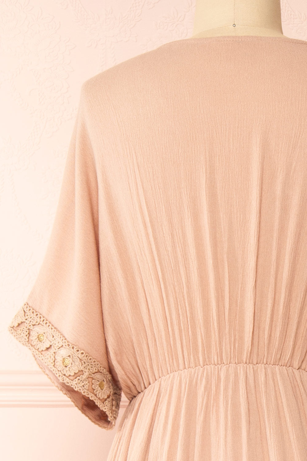 Avalon Taupe Short Sleeve Maxi Dress w/ Embroidery | Boutique 1861 back close-up