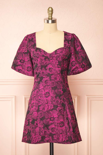 Avalora Short Black Floral Dress w/ Puffy Sleeves | Boutique 1861 front view