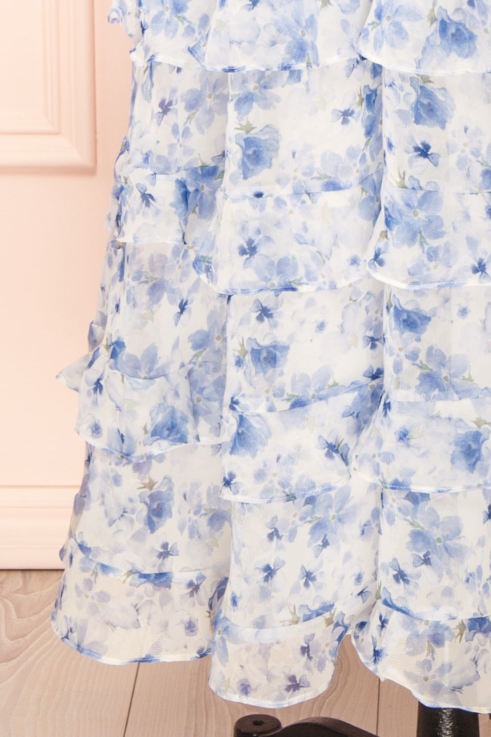 Aveline Blue Floral Maxi Dress w/ Ruffles | Boutique 1861 bottom close-up