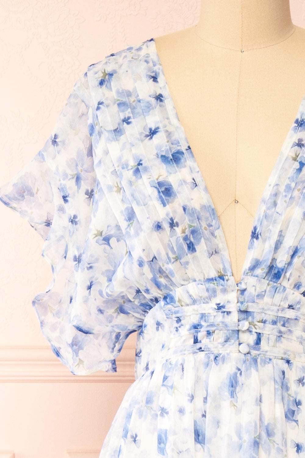 Aveline Blue Floral Maxi Dress w/ Ruffles | Boutique 1861 front close-up