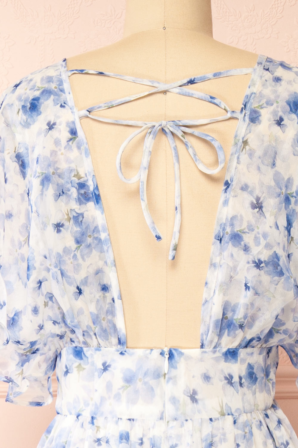 Aveline Blue Floral Maxi Dress w/ Ruffles | Boutique 1861 back close-up
