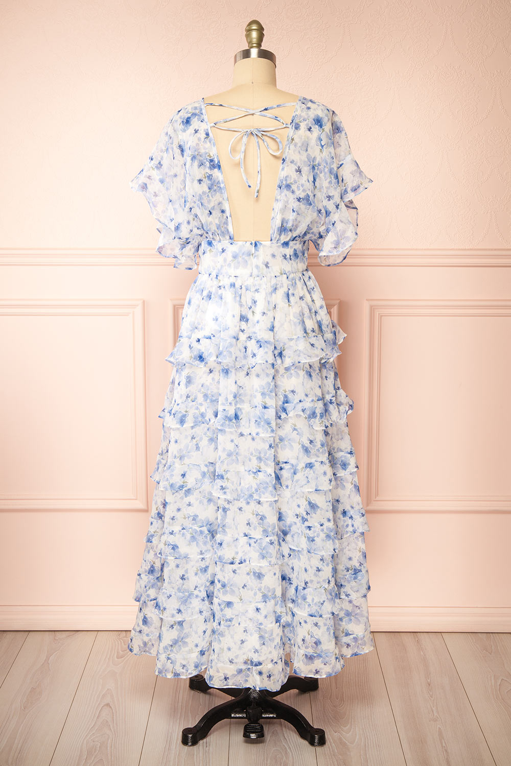 Aveline Blue Floral Maxi Dress w/ Ruffles | Boutique 1861 back view
