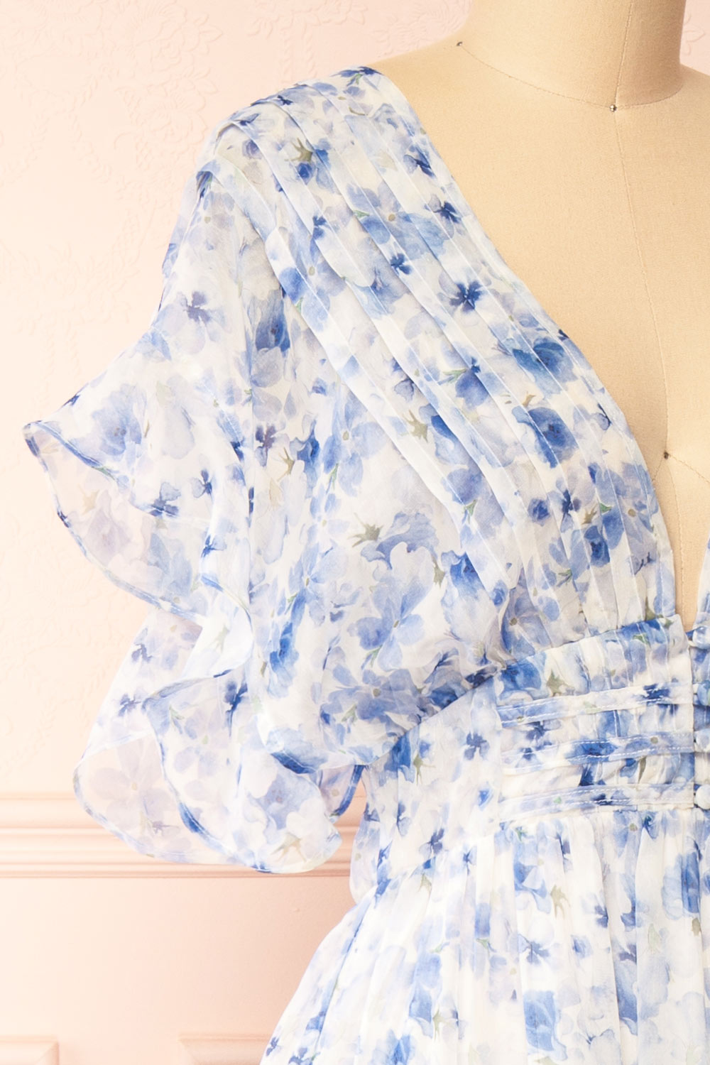 Aveline Blue Floral Maxi Dress w/ Ruffles | Boutique 1861 side close-up