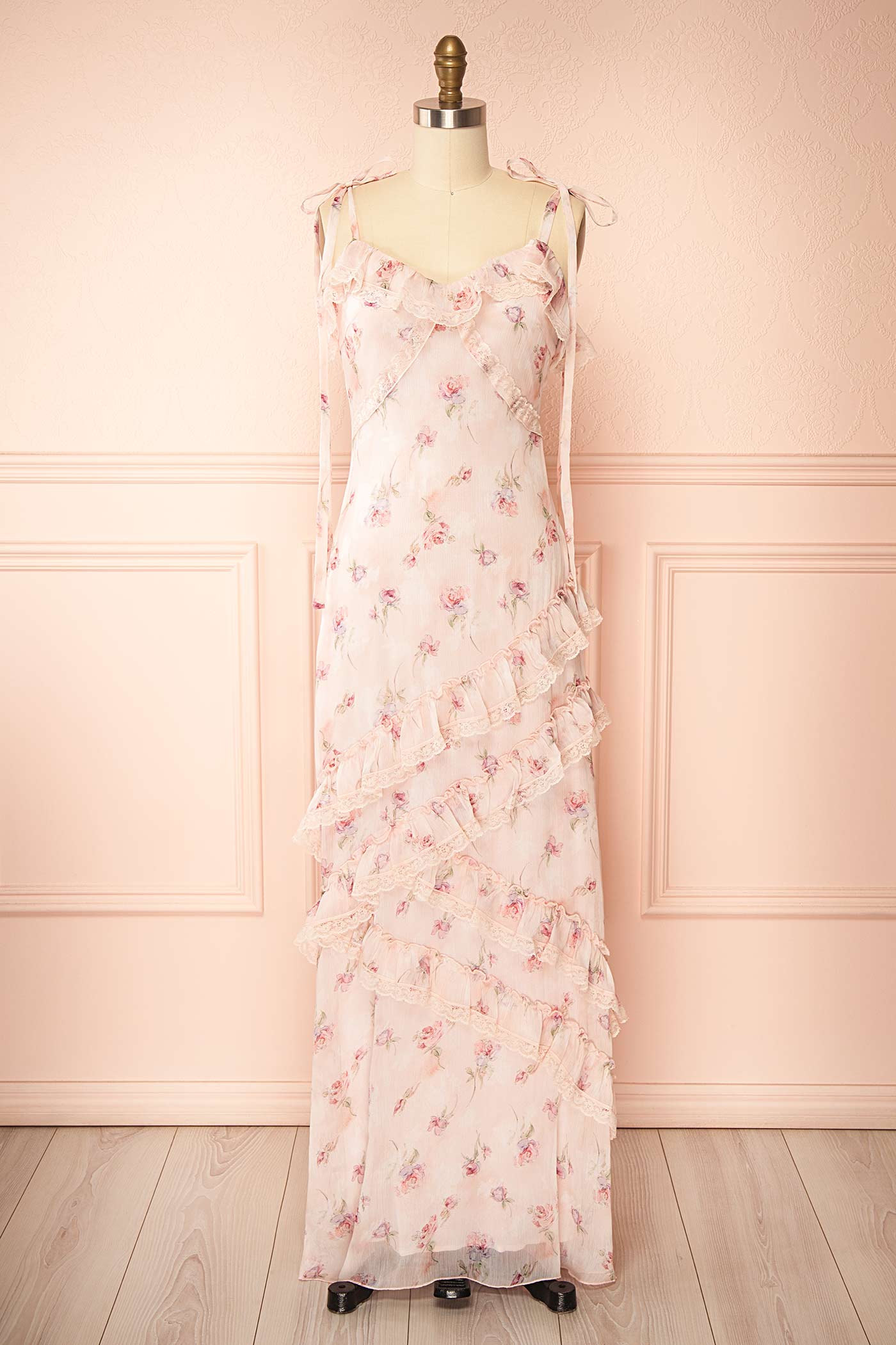 Aventina | Blush Maxi Dress with Ruffles and Floral Pattern