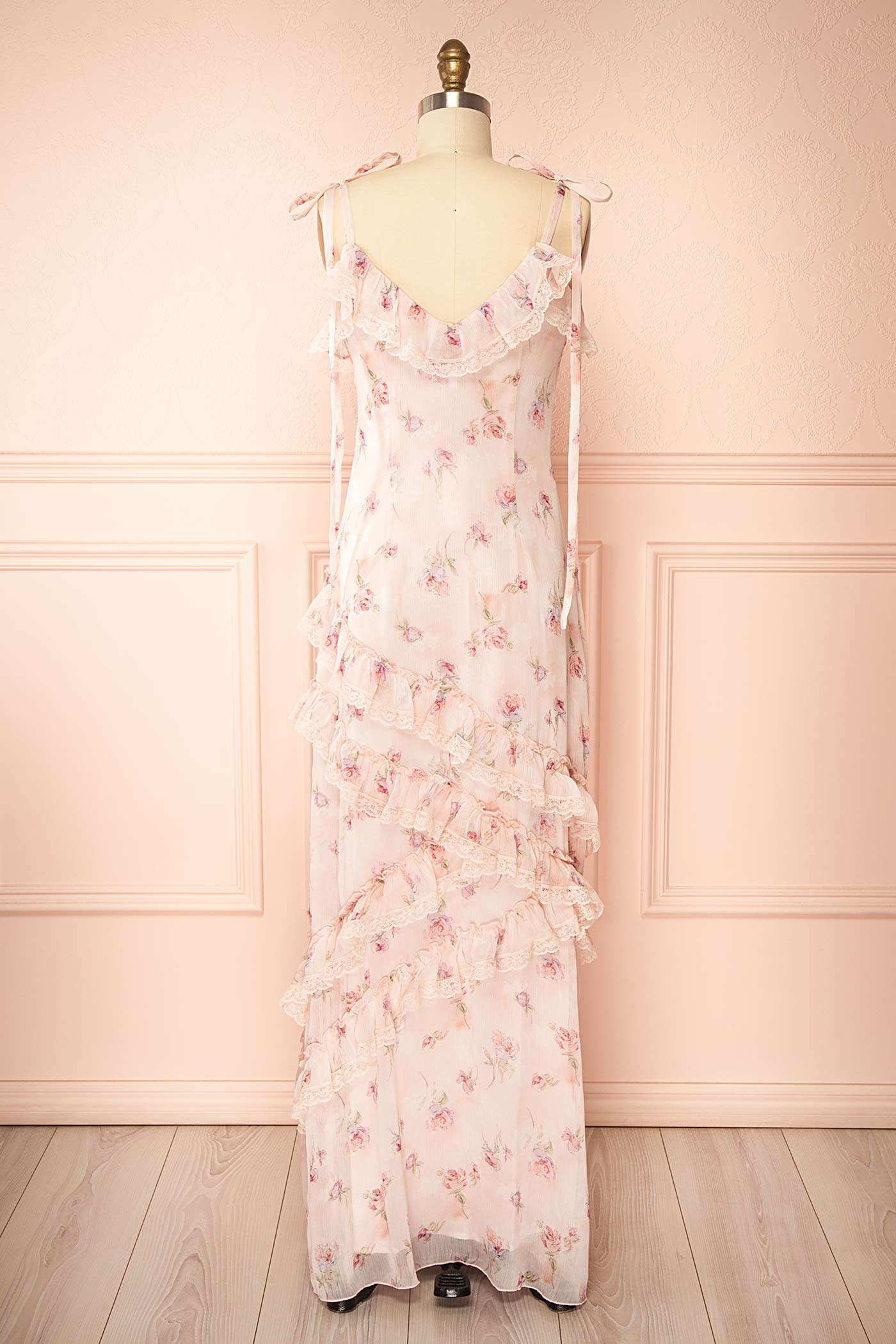 back view Aventina Blush Maxi Dress with Ruffles and Floral Pattern at la boutique 1861