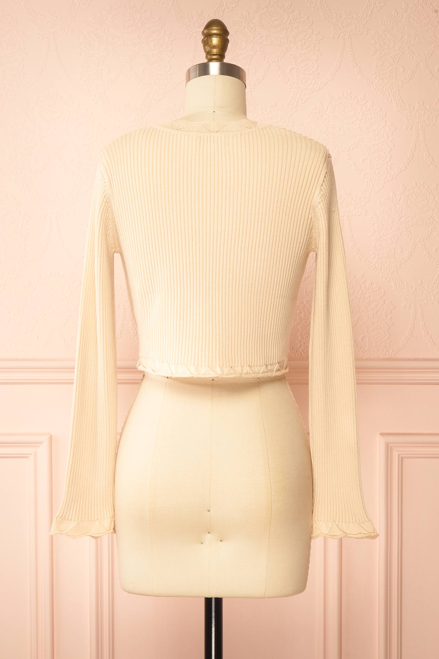 Backview of Averie Beige Cropped Knit Bolero with Scalloped Edges from boutique 1861.
