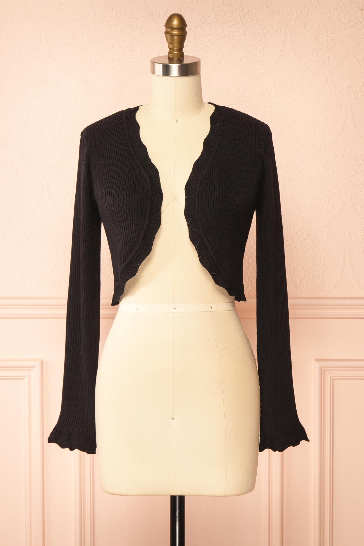 Frontview of Averie Black Cropped Knit Bolero with Scalloped Edges from boutique 1861.