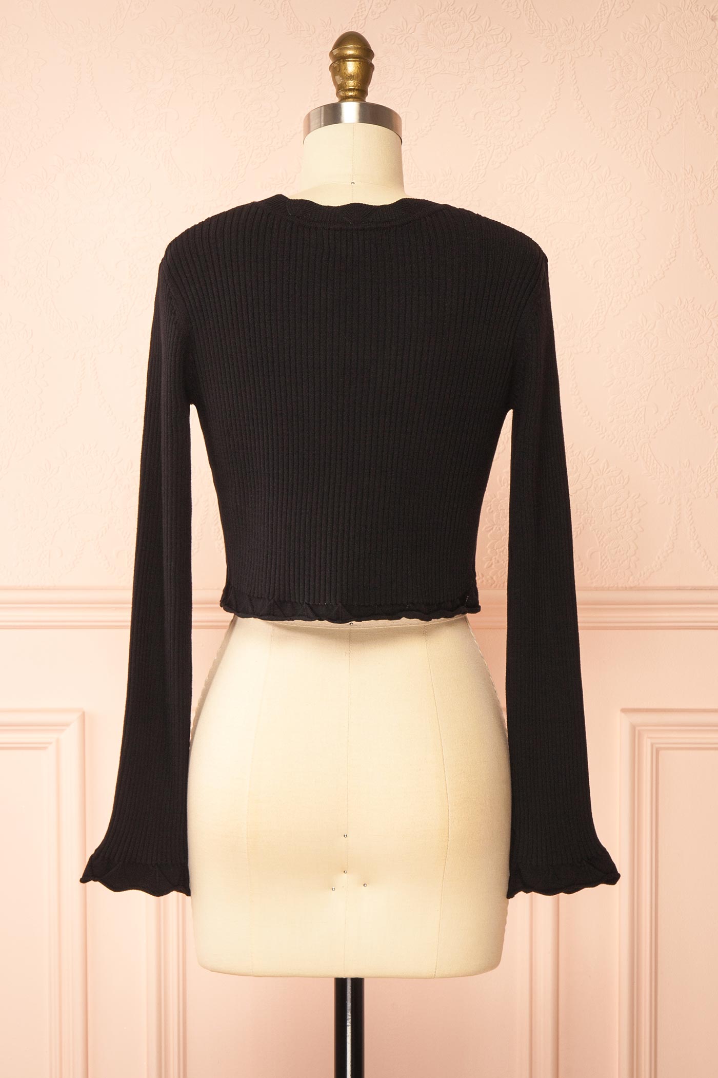 Backview of Averie Black Cropped Knit Bolero with Scalloped Edges from boutique 1861.