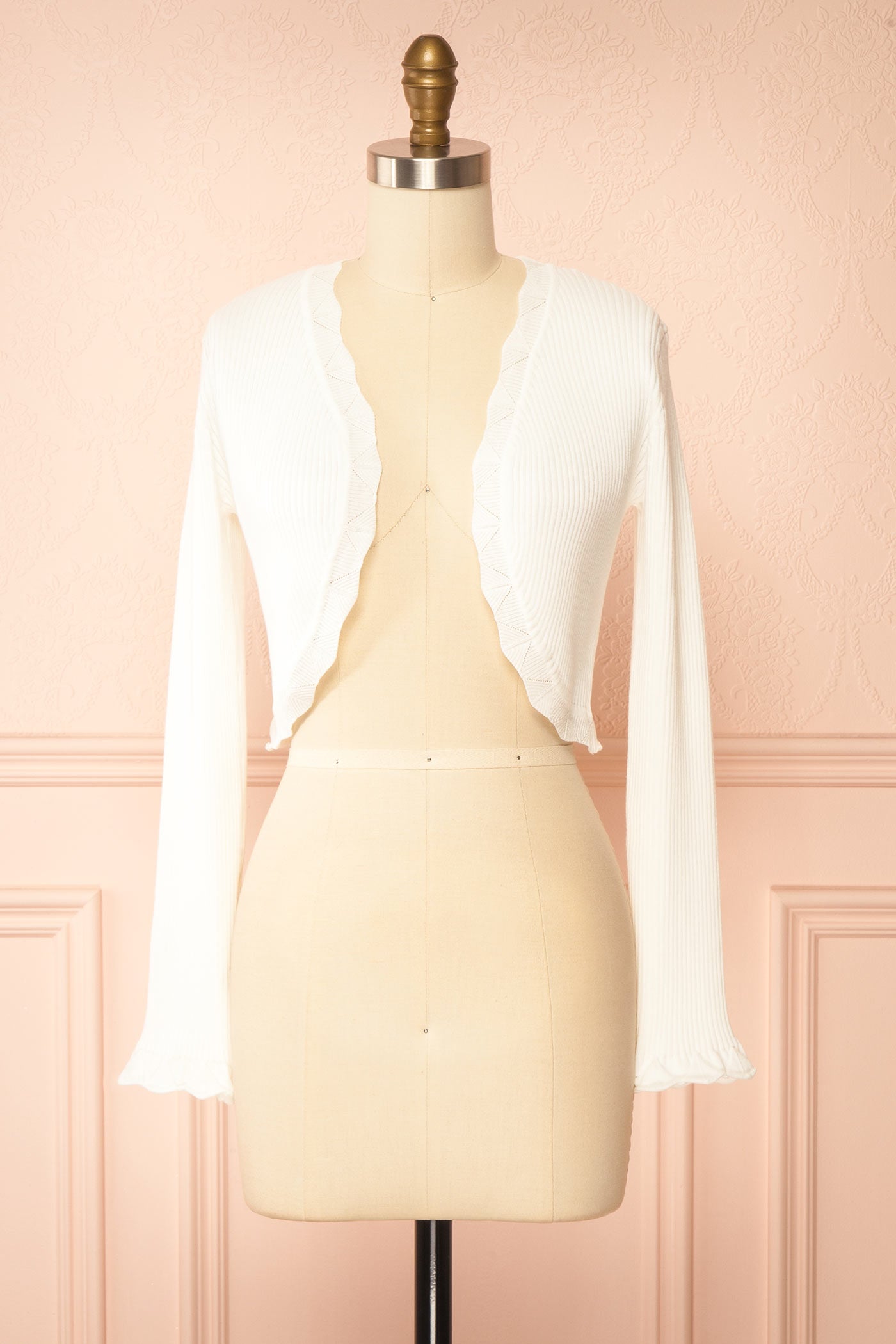 Frontview of Averie ivory Cropped Knit Bolero with Scalloped Edges from boutique 1861.