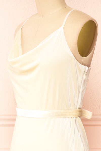 Avianna Ivory Velours Cowl Neck Midi Dress | Boutique 1861  side close-up