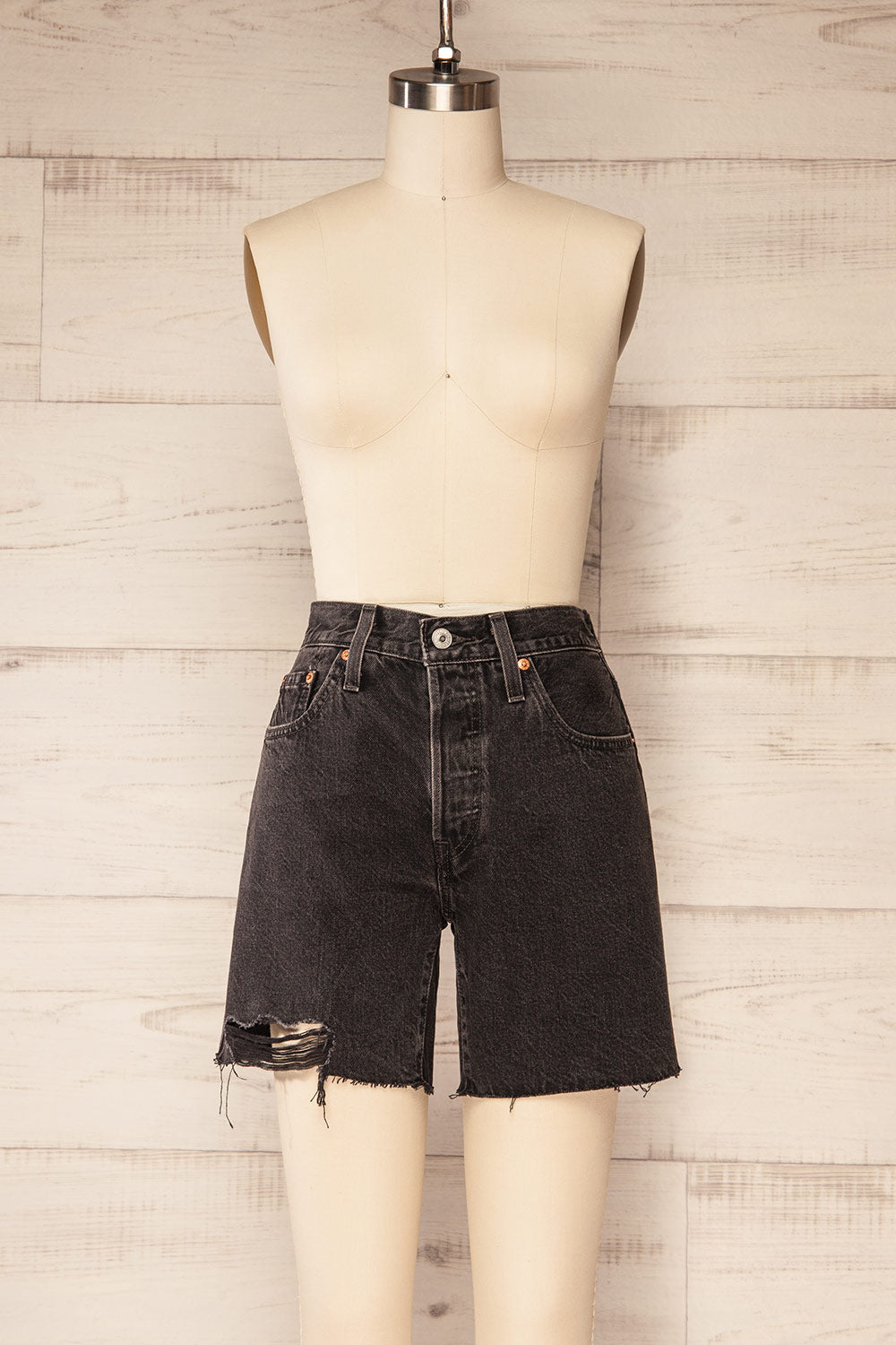 Aviles Distressed Black High Rise Shorts | La petite garçonne front view