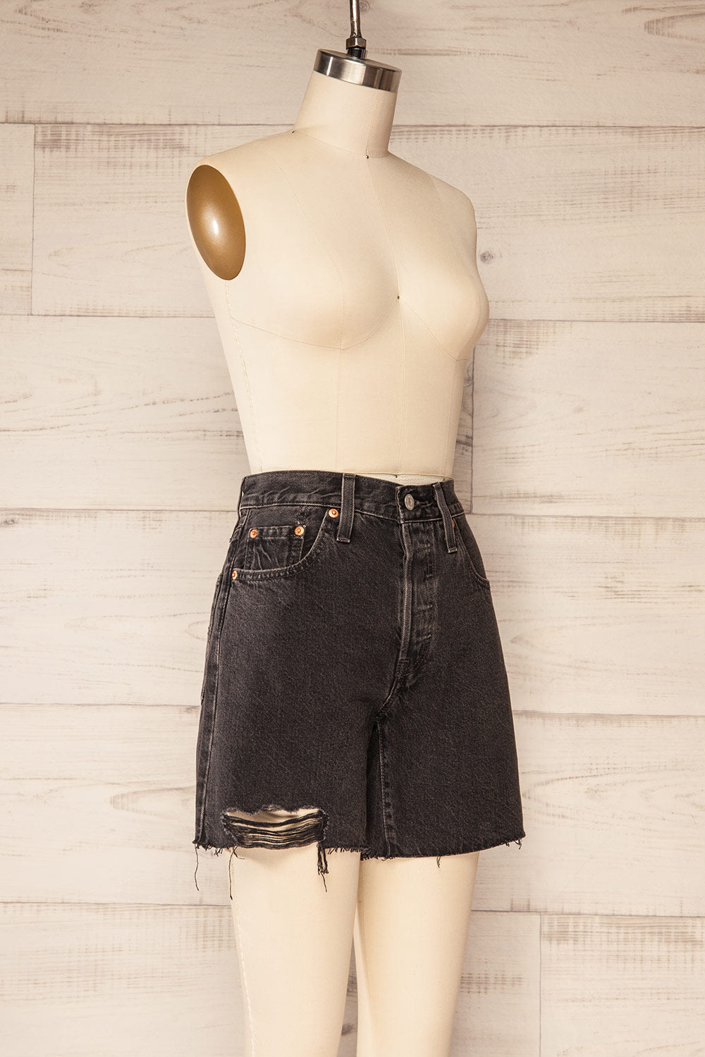 Aviles Distressed Black High Rise Shorts | La petite garçonne side view