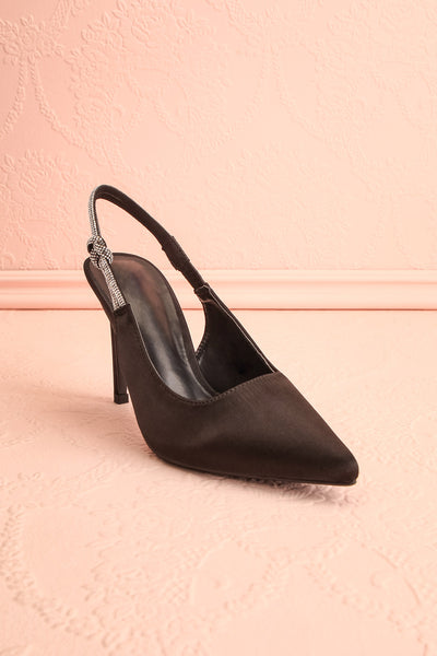 Awenita Black Pointed Toe Heels w/ Crystals | Boutique 1861 front view