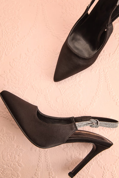 Awenita Black Pointed Toe Heels w/ Crystals | Boutique 1861 flat view