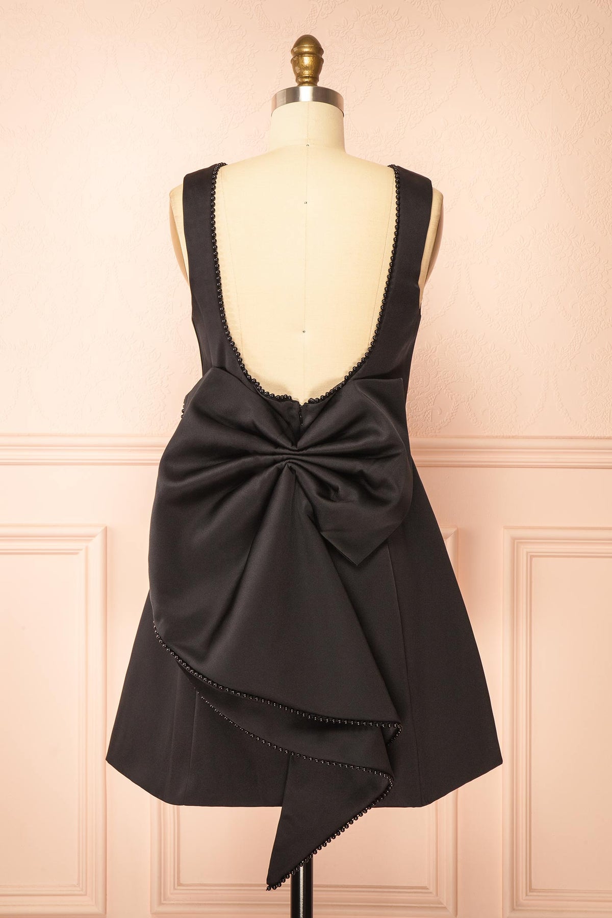back view of Azena Black Satin Short Dress with Open Back at Boutique 1861