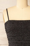 Baku Black Fitted Ruched Sparkly Midi Dress | La petite garçonne front close-up