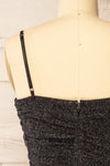 Baku Black Fitted Ruched Sparkly Midi Dress | La petite garçonne back close-up