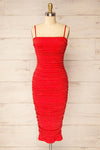 Baku Red Fitted Ruched Sparkly Midi Dress | La petite garçonne front view