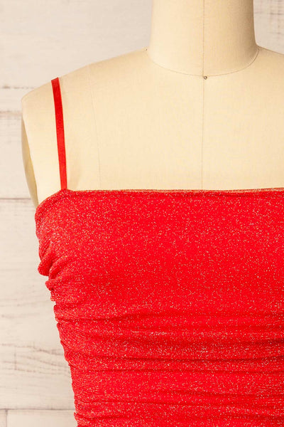 Baku Red Fitted Ruched Sparkly Midi Dress | La petite garçonne front close-up