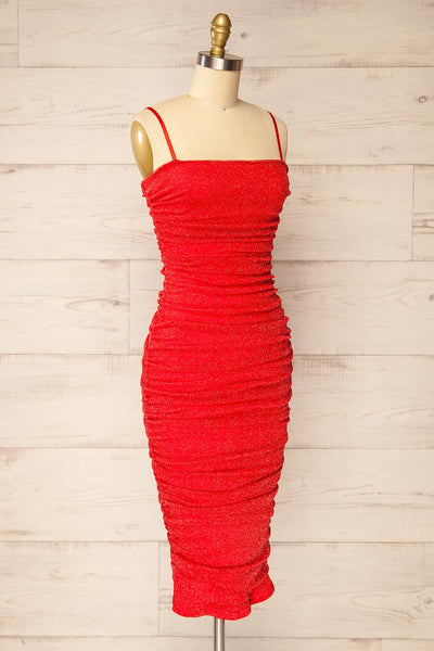 Baku Red Fitted Ruched Sparkly Midi Dress | La petite garçonne side view