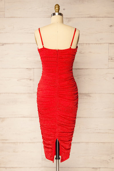 Baku Red Fitted Ruched Sparkly Midi Dress | La petite garçonne back view