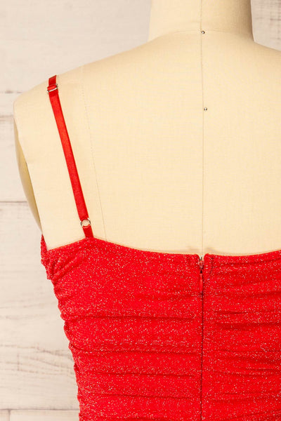 Baku Red Fitted Ruched Sparkly Midi Dress | La petite garçonne back close-up