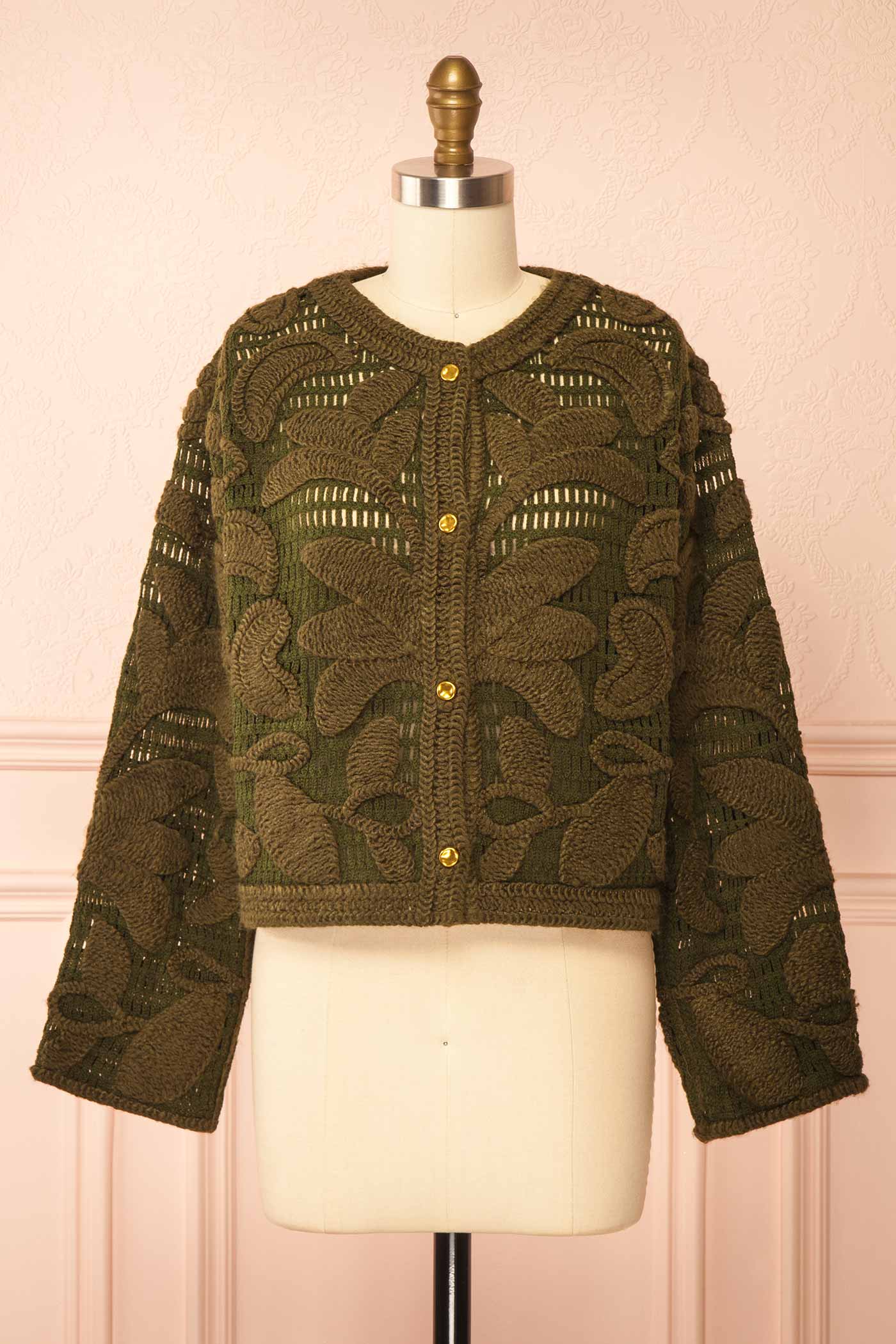 front view of Baldina Green Knit Cardigan with Golden Buttons at Boutique 1861 front 