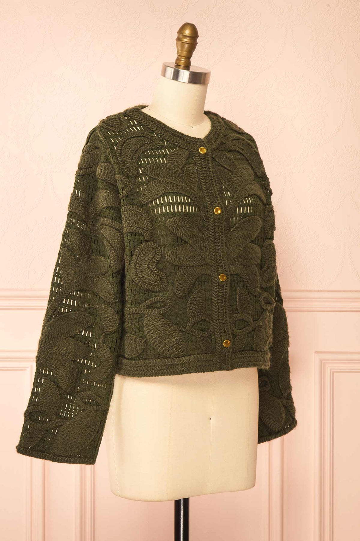 side view of Baldina Green Knit Cardigan with Golden Buttons at Boutique 1861 