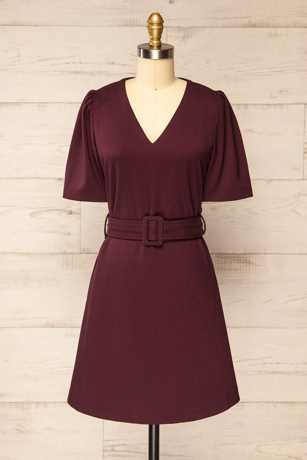 Bangkok Burgundy Short A-Line Dress w/ Belt | La petite garçonne front view