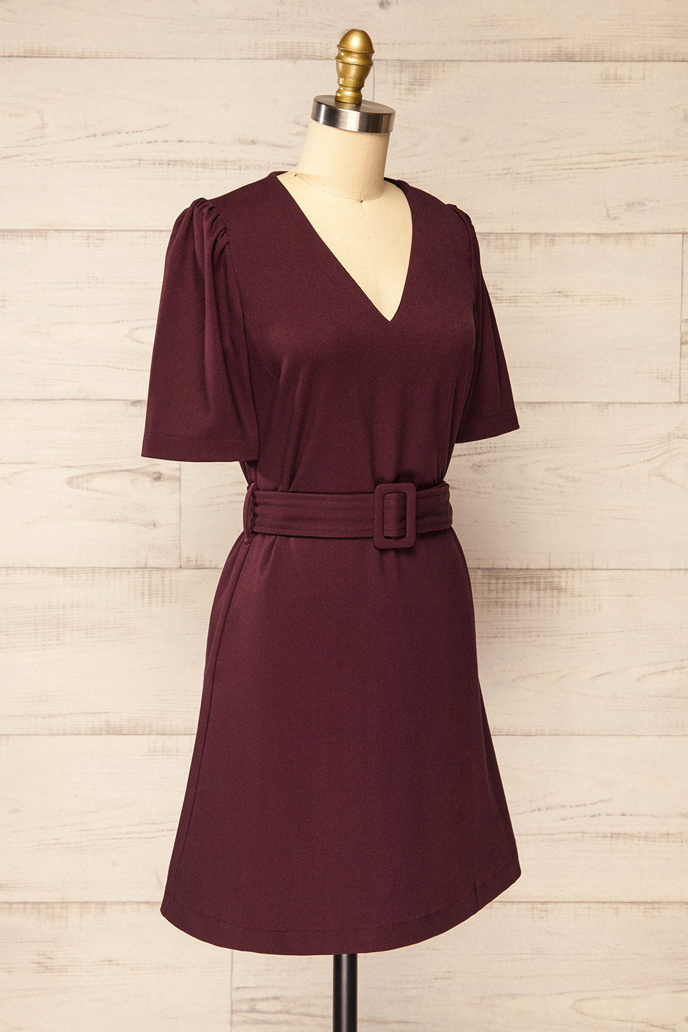 Bangkok Burgundy Short A-Line Dress w/ Belt | La petite garçonne side view