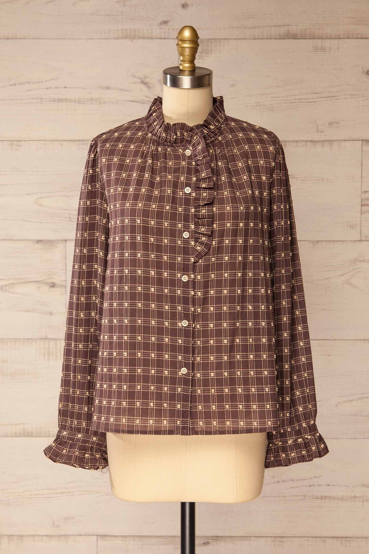 front view of Barachois Brown Plaid Clip-Dot Button-Down Ruffle Blouse at La petite garçonne